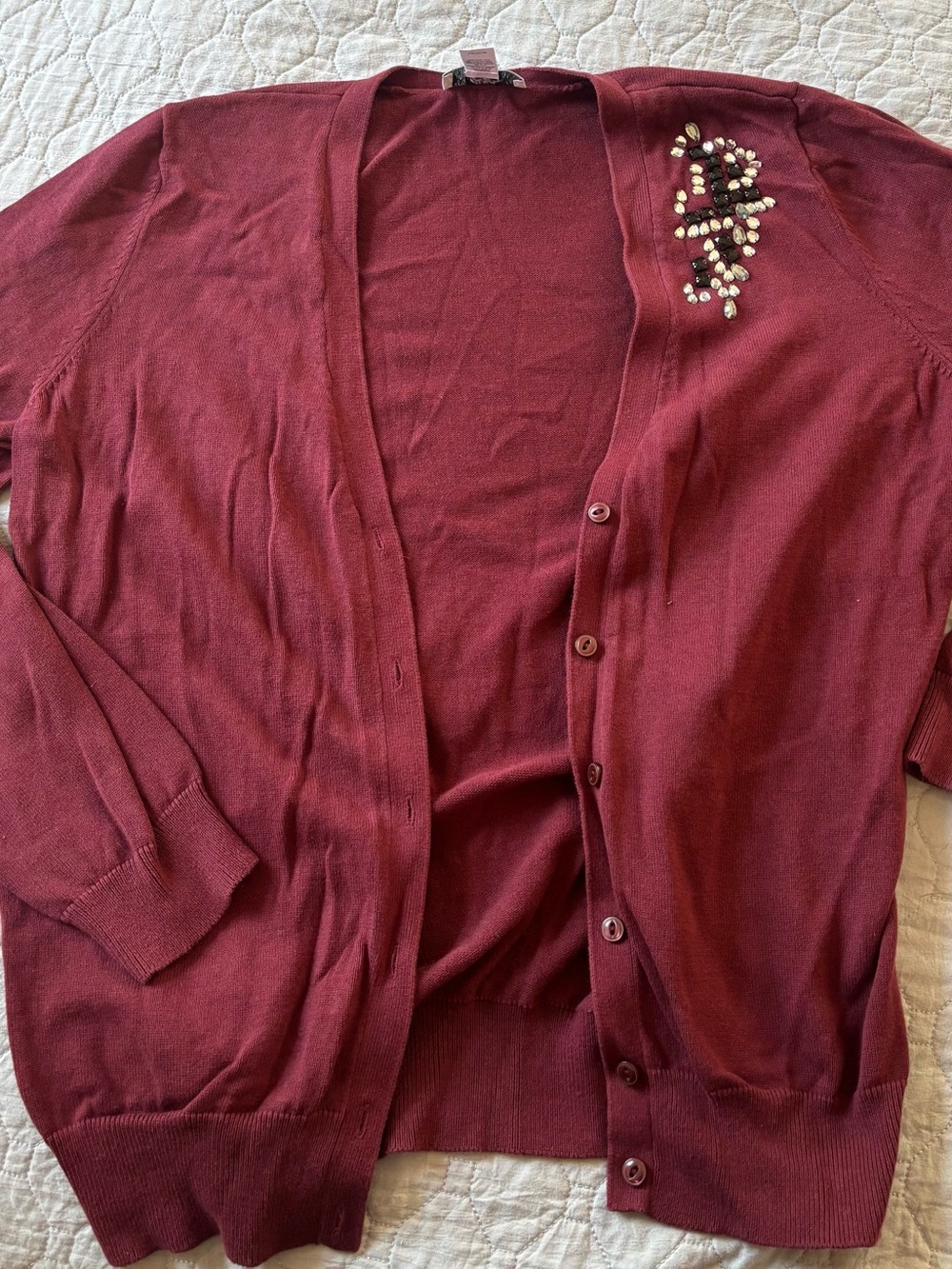 LOFT Burgundy Beaded V-Neck Cardigan